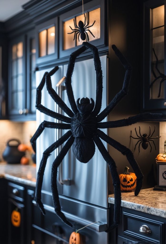 1. Hang a big creepy spider surrounded by smaller spiders on cabinets