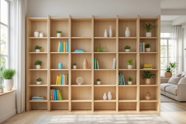 Natural Wooden Bookshelf for Living Room Decor Ideas