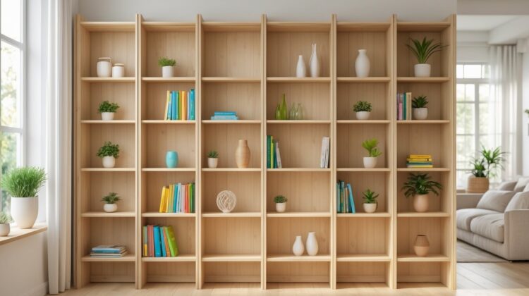 Natural Wooden Bookshelf for Living Room Decor Ideas